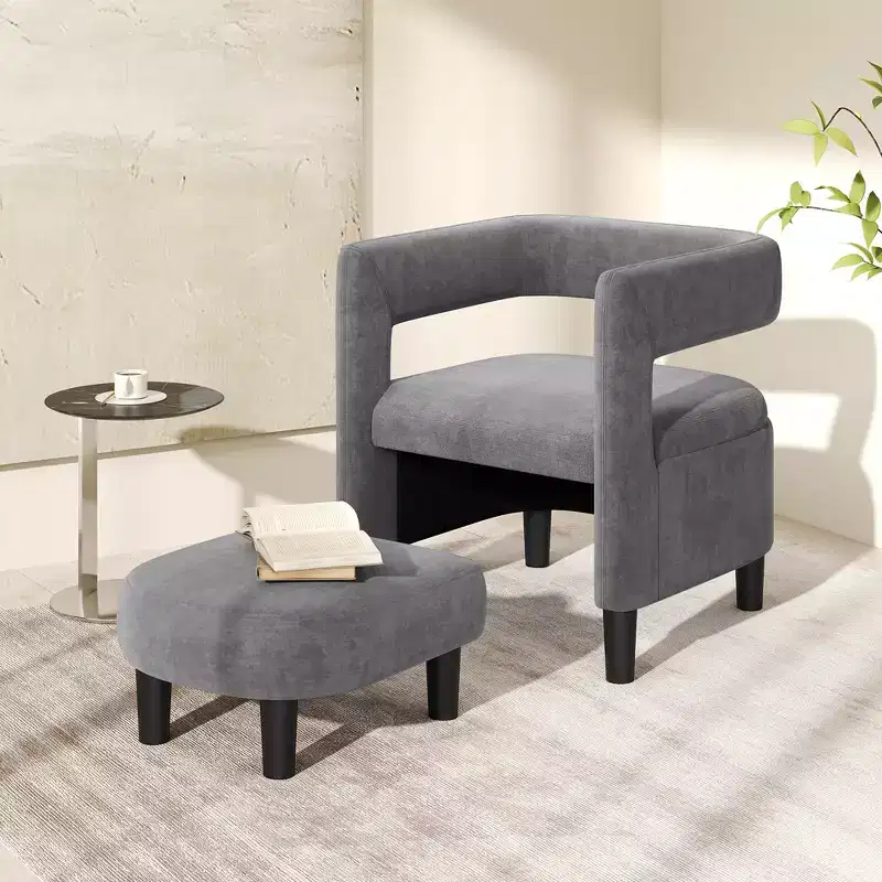 Costway Comfy Accent Armchair with Footrest Upholstered Velvet Barrel Chair & Ottoman Set Dark Grey/Beige