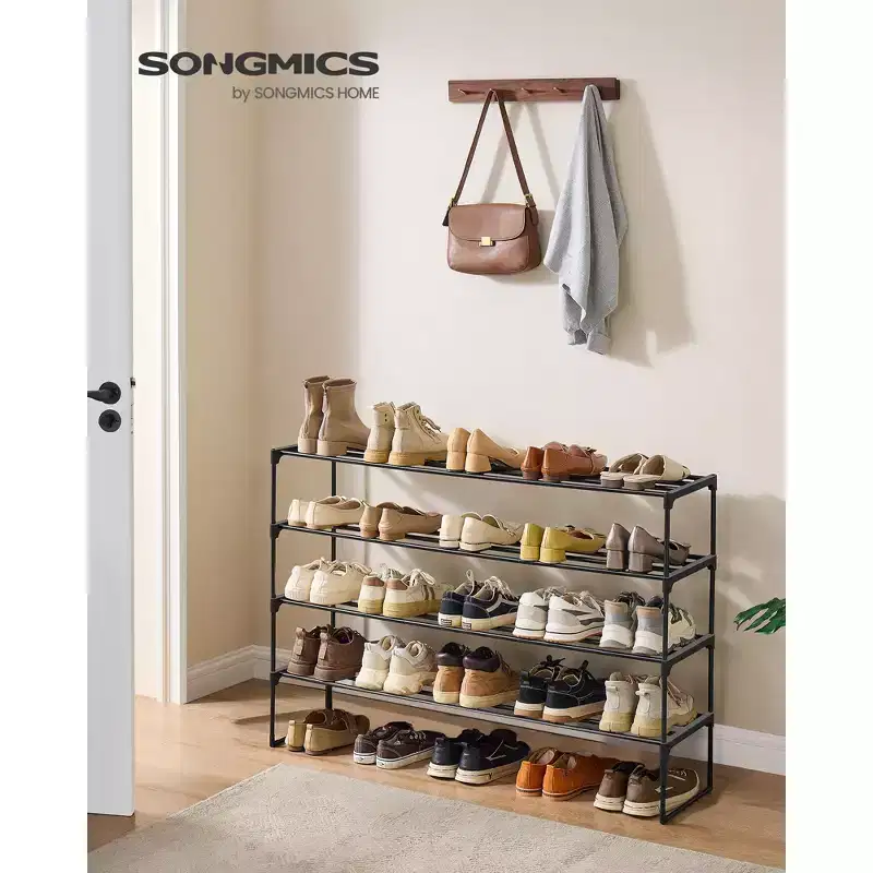 4-Tier Metal Shoe Rack for 25-30 Pairs, Stackable & Reversible, Black Entryway Organizer