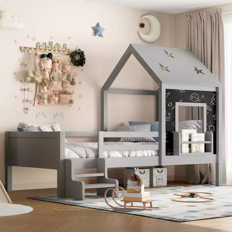 Twin/Full Size House Bed with Stairs and Window, Solid Wood Platform Bed with Bookcase for Kids