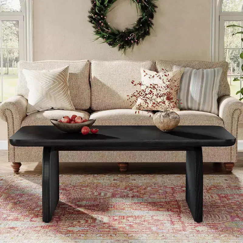 47-Inch Wood Farmhouse Rectangle Coffee Table, Low Cocktail Tea Table, Easy Assembly