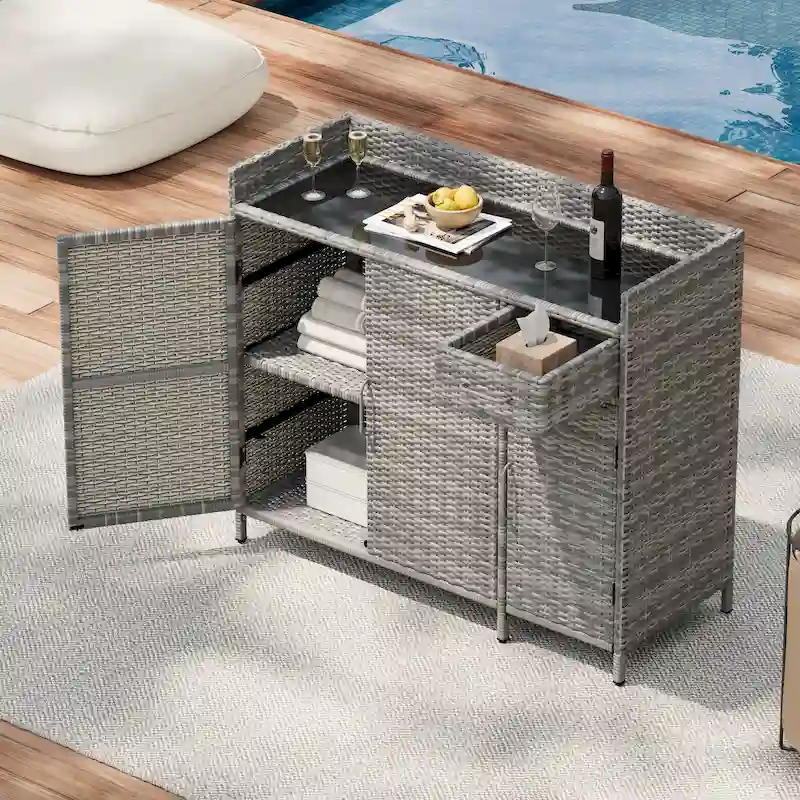 Wicker Outdoor Rattan Bar Table with Tempered Glass Desktop, Storage Cabinet and Drawer