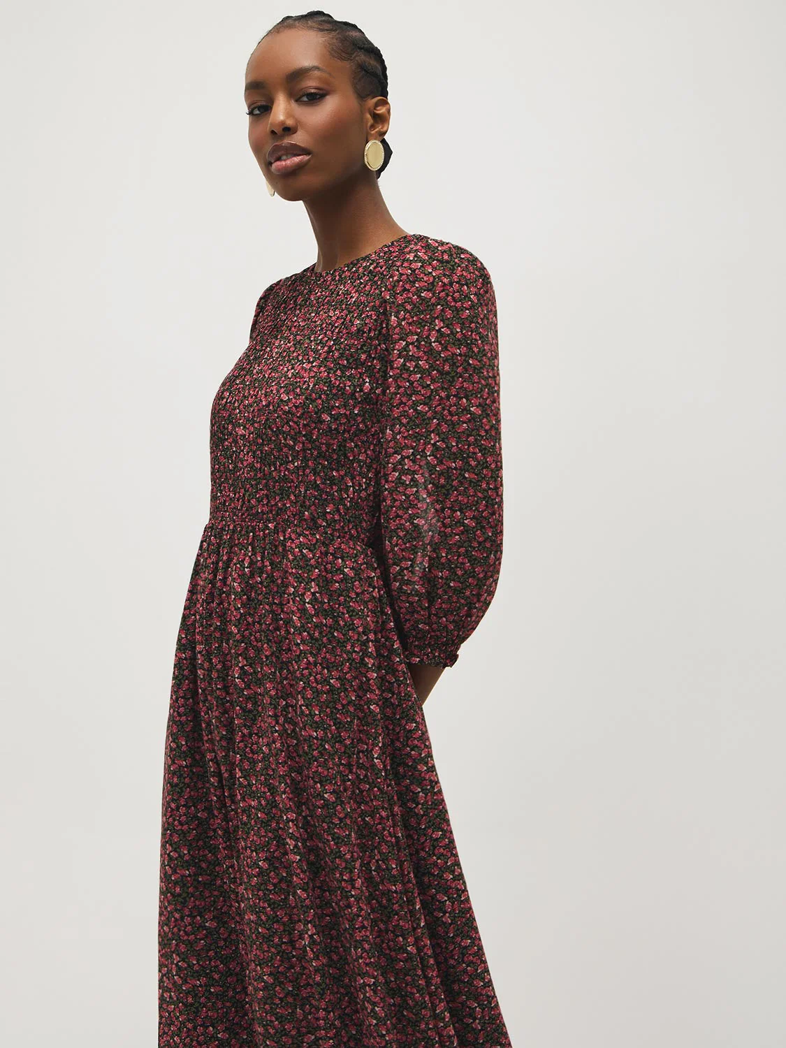 Smocked Floral Chiffon Midi Dress