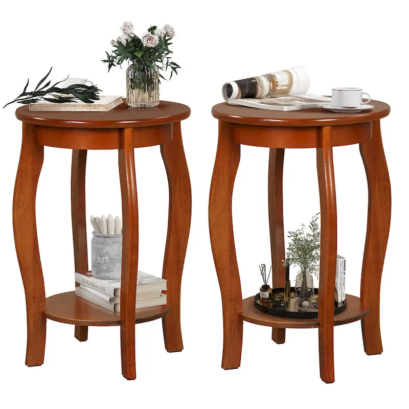 Walnut 2-Tier Round End Table Set of 2, Wood Top, Narrow Side Table