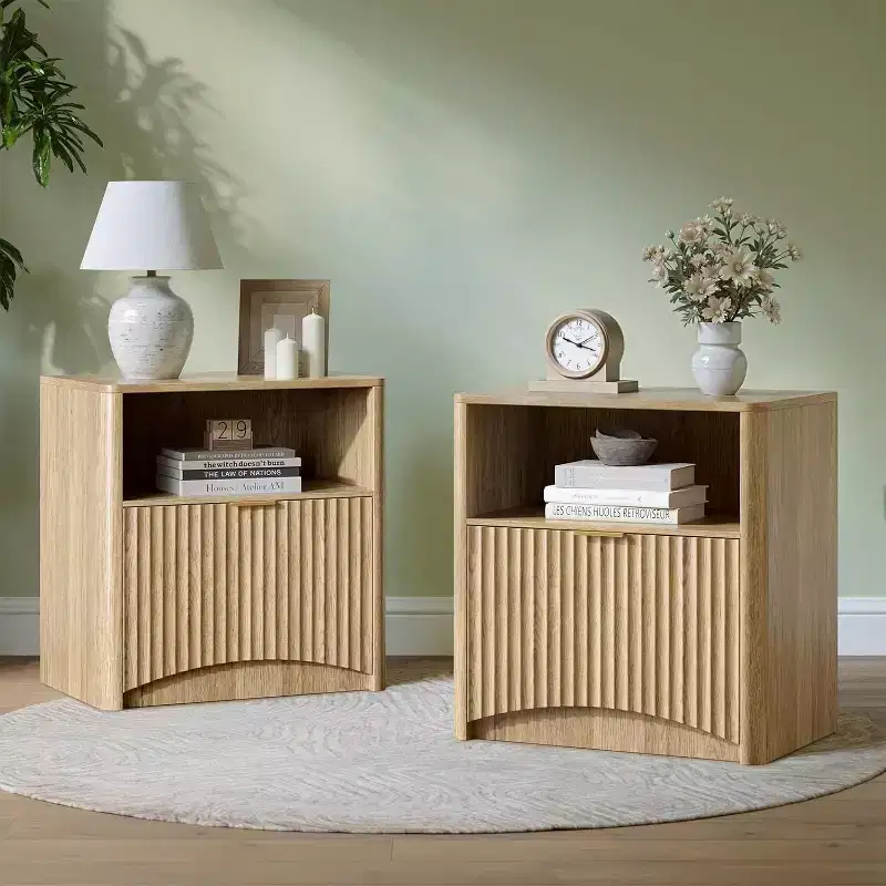Natural Oak Fluted Nightstand with Drawer & Open Shelf, 1-Piece / 2-Piece