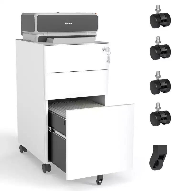 3-Drawer Mobile File Cabinet with Lock – All-Steel Anti-Tip, White, Fits A4/Letter for Office & Home