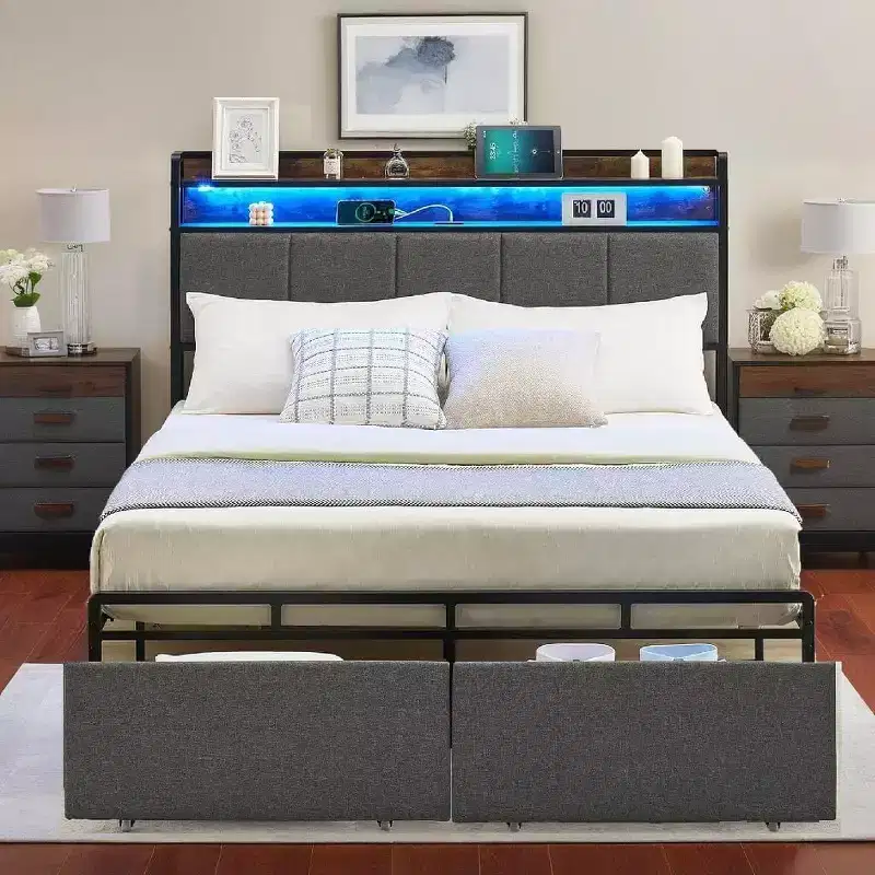 Bed Frame with Storage Headboard, LED Lights, Charging Station & 2 Drawers, No Box Spring Needed