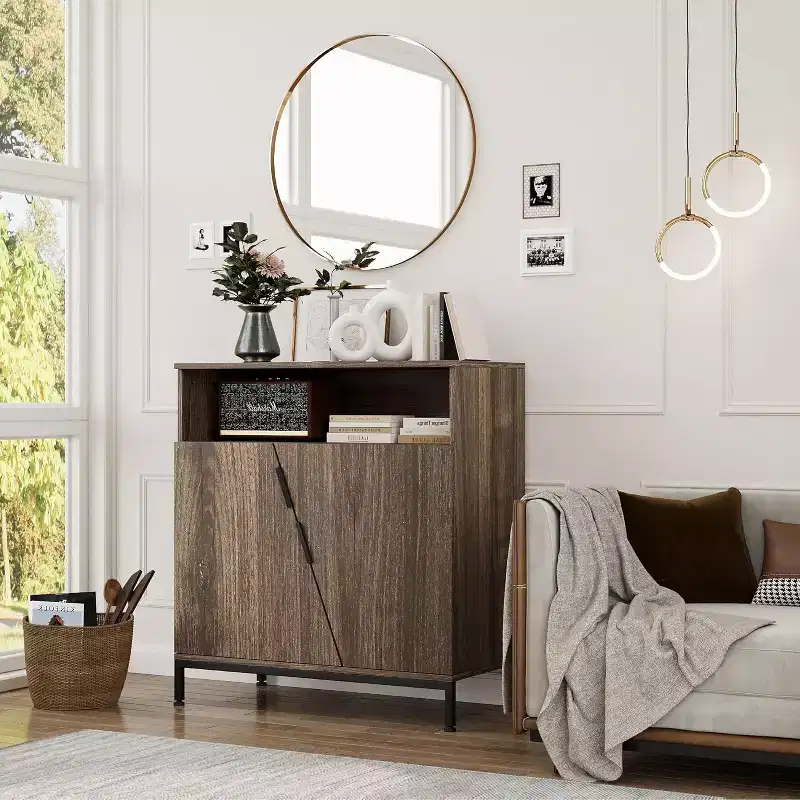 Storage Cabinet with Doors and Shelves, Metal Frame Oblique Door Sideboard for Living Room, Bedroom, Enterway, Hallway, Brown