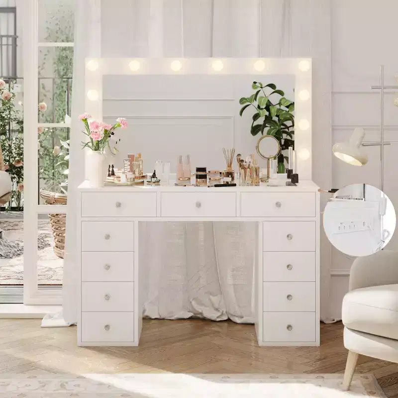 Dressing table with power outlet, 11 - drawer vanity with mirror and 12 LED lights, suitable for bedrooms