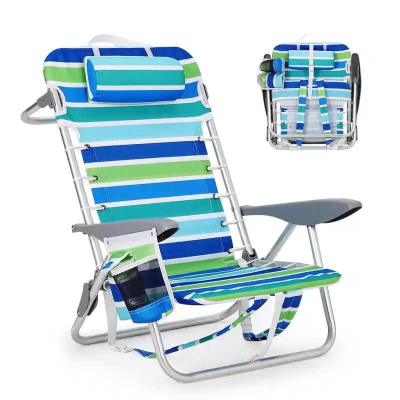 Beach Chair, Lightweight Folding Chair w/5 Reclining Positions (Lay Flat), 300LBS Capacity Includes Cup Holder, Phone Pocket & Tower Bar for Adults