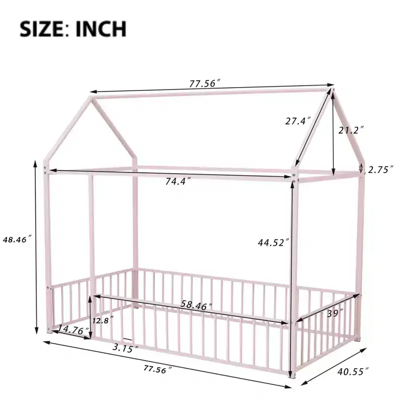 Twin Metal House Bed Frame with Fence, Low Profile Kids & Teen Bed Frame