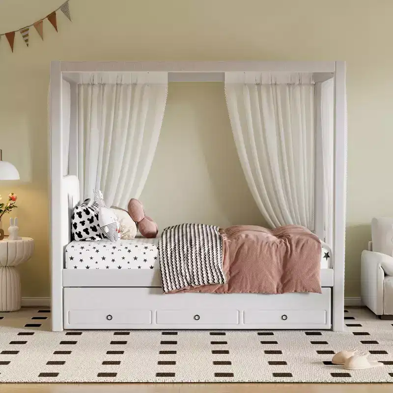 Twin/Full Size Upholstery Canopy Platform Bed with Trundle and 3 Storage Drawers-ModernLuxe