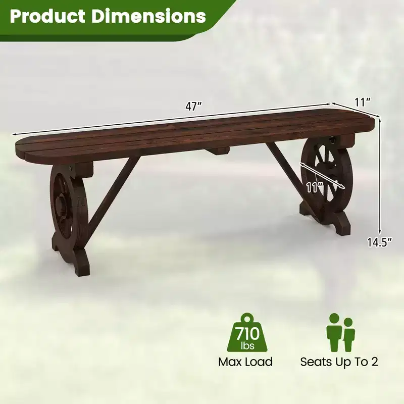 Costway Patio Rustic Wood Bench with Wagon Wheel Base Slatted Seat Design 710 LBS Max Load