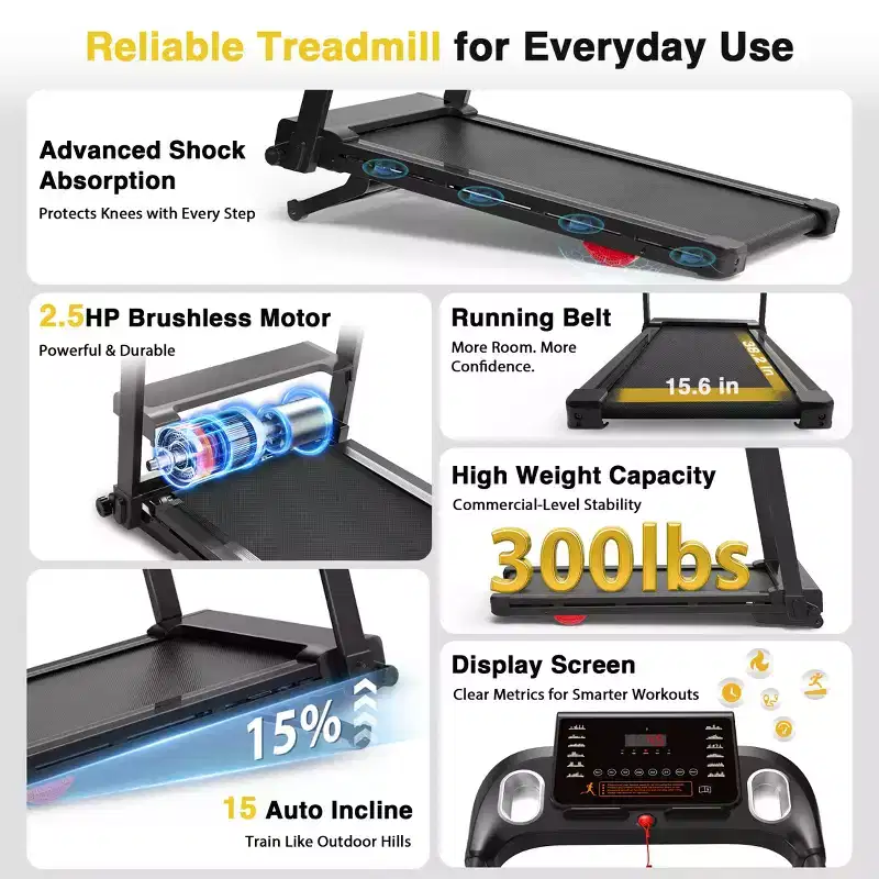 Redliro Foldable Treadmill with Auto Incline, 2.5HP Walking Treadmill for Home, 15% Incline Treadmill with Handles, 300 lbs Capacity