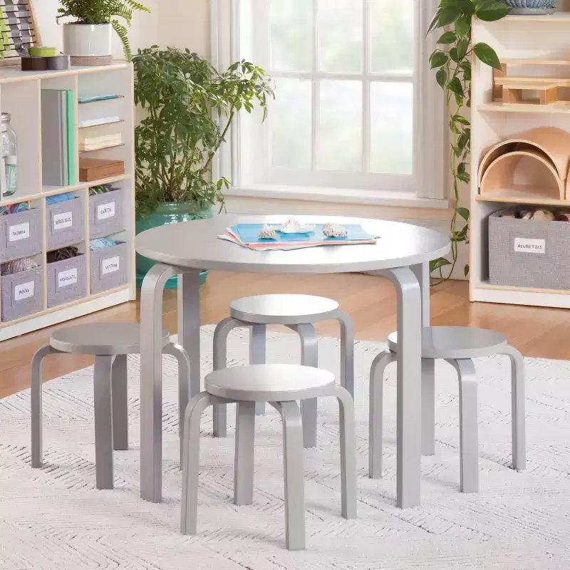 Guidecraft Kids' Nordic Table and Chairs Set: Children's Wooden Round Playroom and Classroom Activity Table for Toddlers with 4 Stools