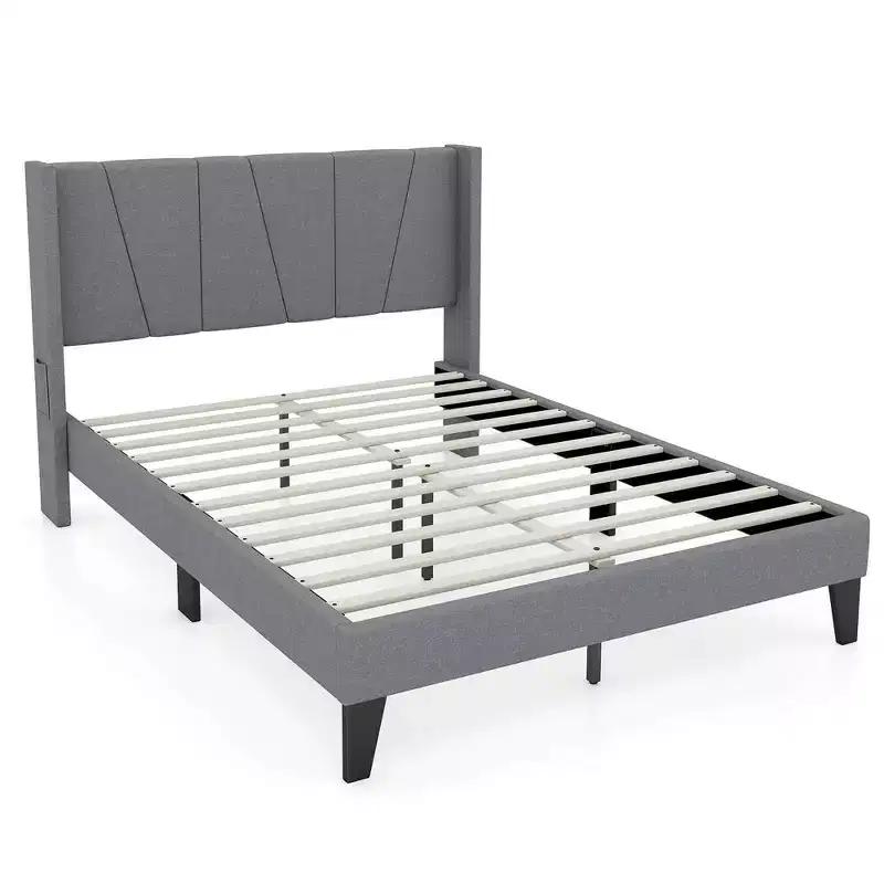 Full Size Upholstered Bed Frame with Elastic Pockets & Mattress Foundation — Gray