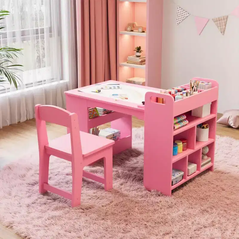 Garvee Kids Art Table and 2 Chairs, Craft Table with Large Storage Shelves,Wooden Drawing Desk Activity & Crafts for Kids