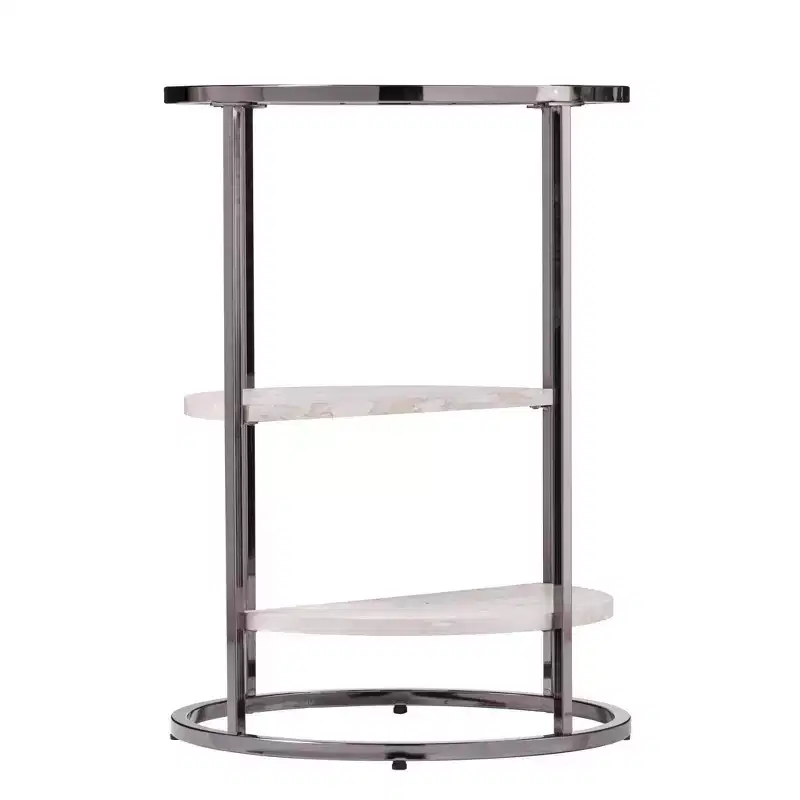 HomeRoots 24 Black Metal Glass And Faux Marble Round End Table With Two Shelves