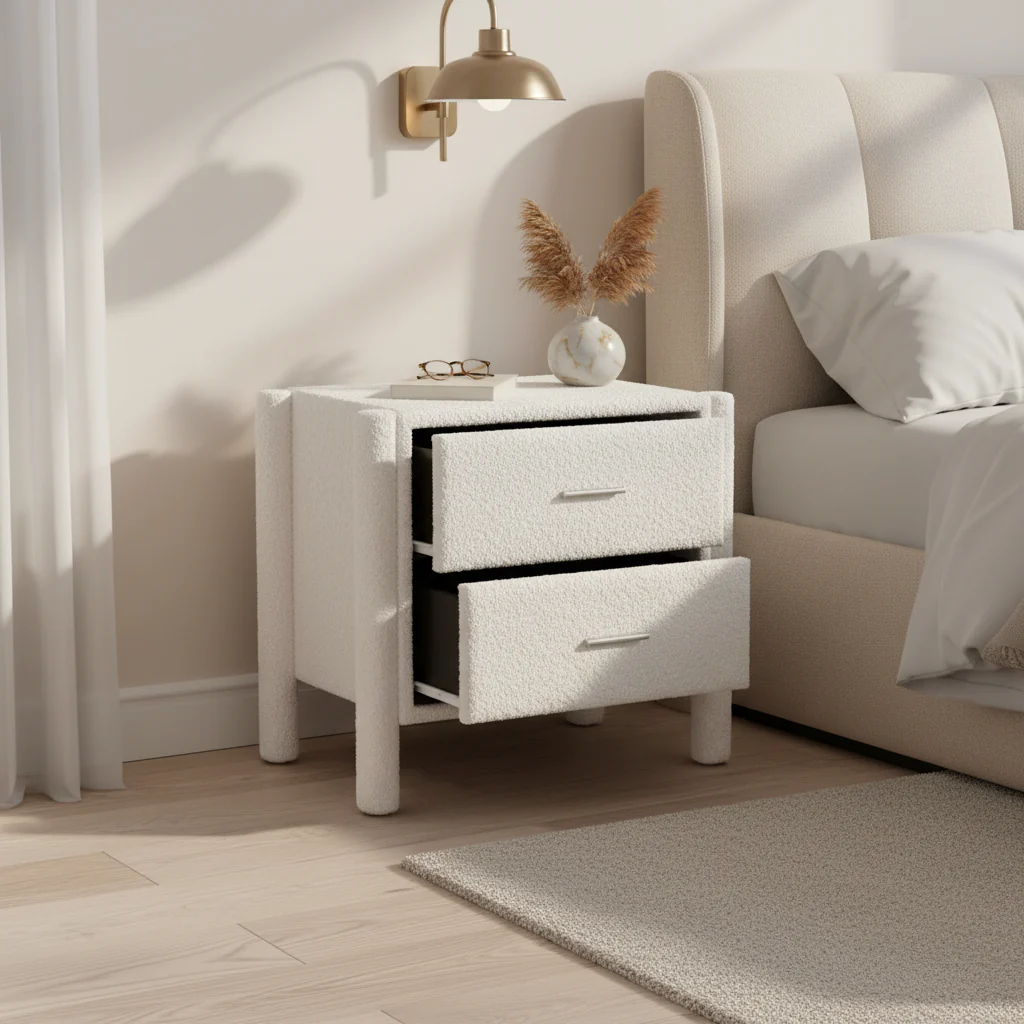 Teddy Bear Fabric 2-Drawer Nightstand - White