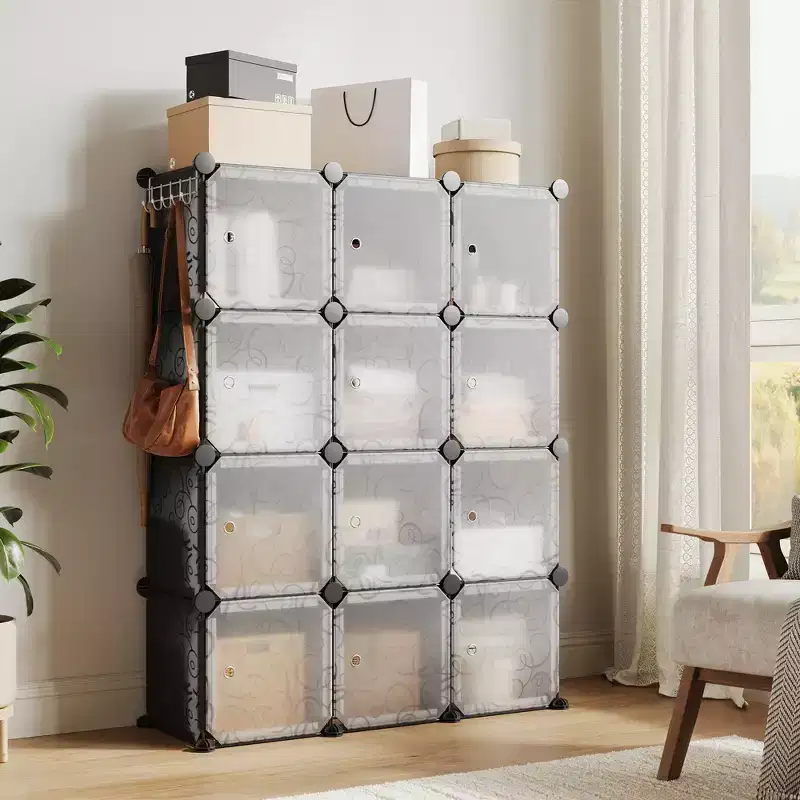 Space-Saving Modular Shoe Storage Cabinet 12-Cube Stackable Organizer with Doors, 4-Tier Portable Stackable Shoe Cabinet, For Bedroom, Living Room
