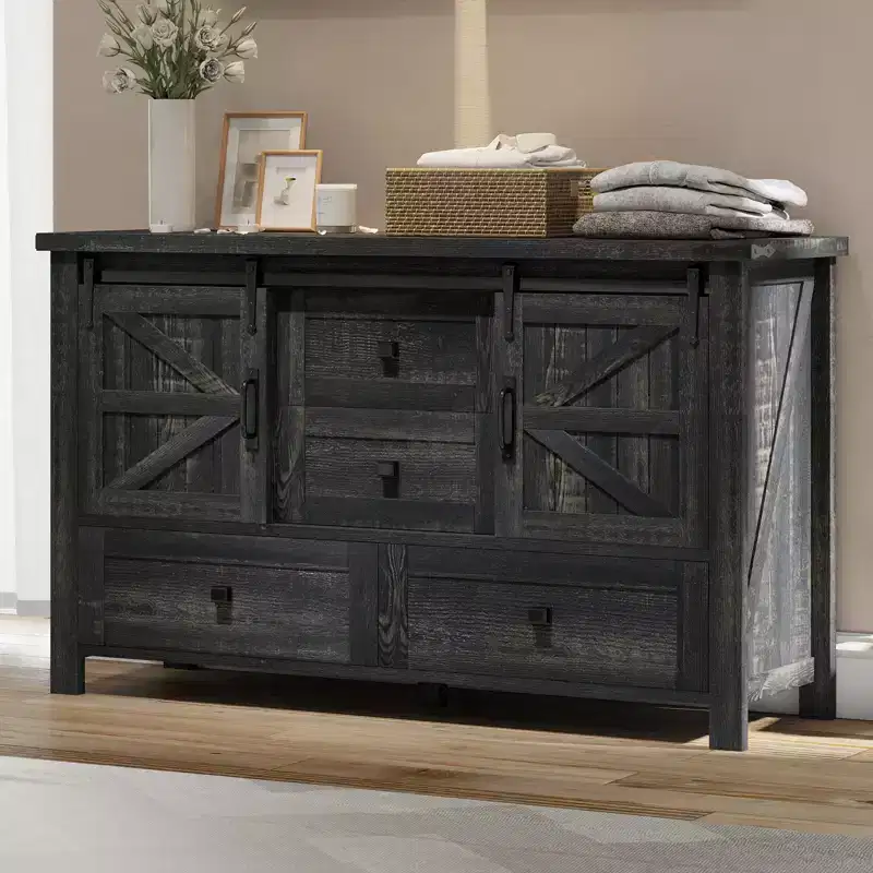 Farmhouse Dresser for Bedroom with Drawers, Storage Cabinet with Sliding Barn Doors, Organizer TV Stand