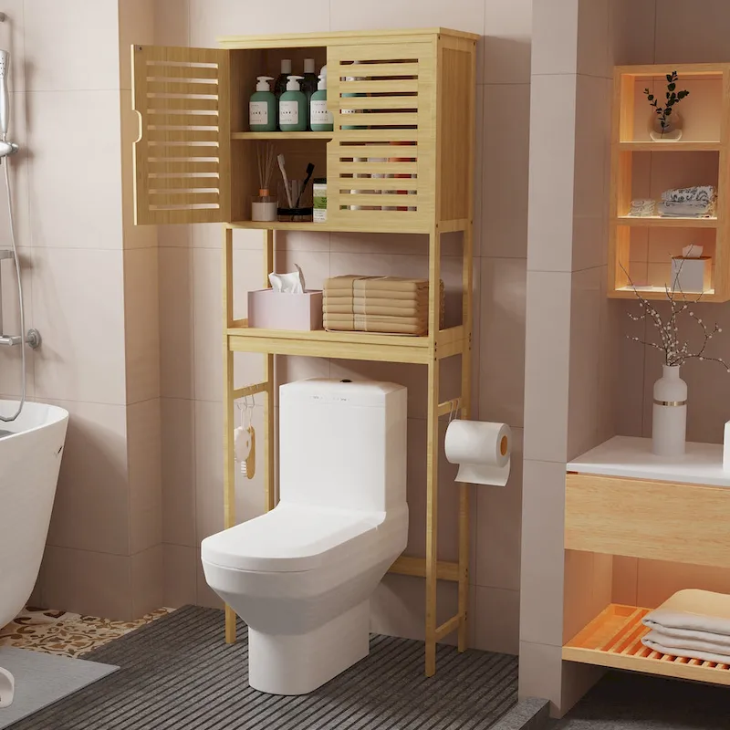 Over-Toilet Bamboo Storage Rack with Cabinet and Open Shelf