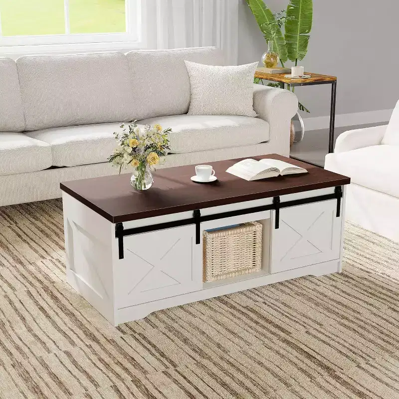 Farmhouse Lift Top Coffee Table with Hydraulic Height Adjustment Multifunctional Adjustable End Table Featuring Hidden Storage Compartment