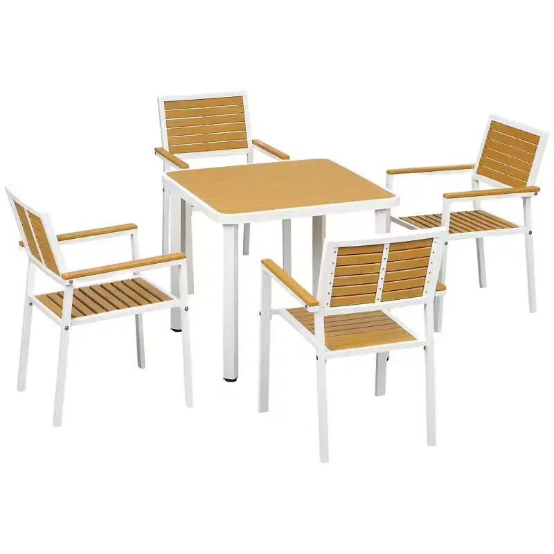 Outsunny 5pc Outdoor Table and Chairs, Aluminum Patio Dining Set for 4 w/ HDPE Materials Dinner Table with Umbrella Hole Yellow