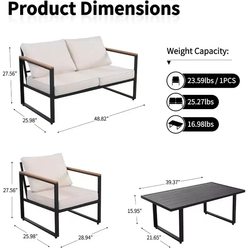 Outdoor Metal Patio Furniture Sets of 4, Outside Seating Furniture with Loveseat and Coffee Table, for Porch, Apartments, Garden