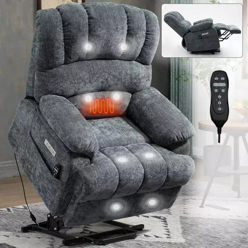 23 Seat Width and High Back Large Size Blue Grey Chenille Power Lift Recliner Chair with 8-Point Vibration Massage and Lumbar Heating