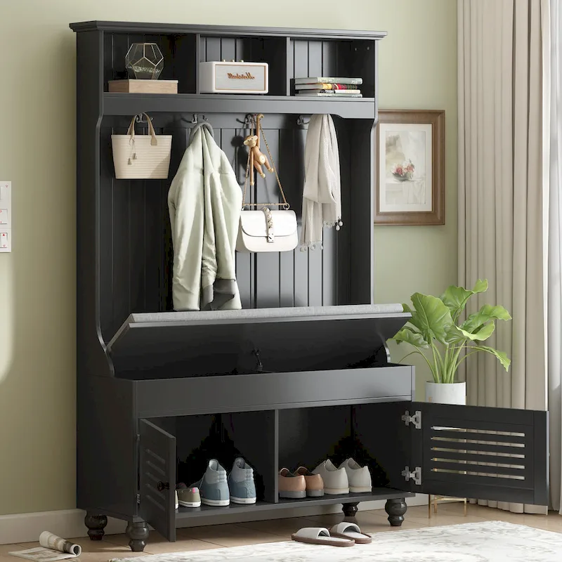 5-in-1 Entryway Bench with Shutter-shaped doors, Coat Rack, Cushion and 4 Sturdy Hooks, 47.2 Wide Hall Tree with Storage Bench