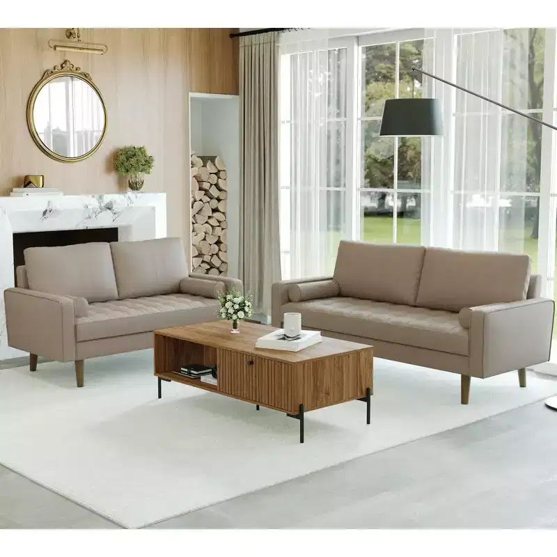 Luige 2 Piece Mid-Century Modern Square Arm Faux Leather Sofa and Loveseat Set - Tree City