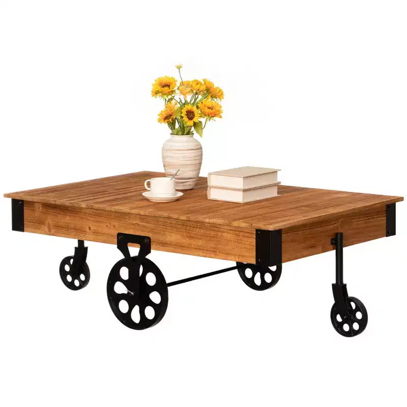 Vintiquewise Large Rustic Vintage Industrial Wooden Coffee Table with Detailed Wood Grain Metal Accents and Black Cast Iron Cart Wheels