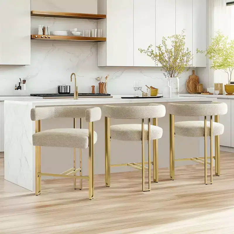 Set of 3 Counter Height Bar Stools with Backs and Arms, Modern Chenille Upholstered Kitchen Island Chairs with Gold Metal Legs - Panipeachy