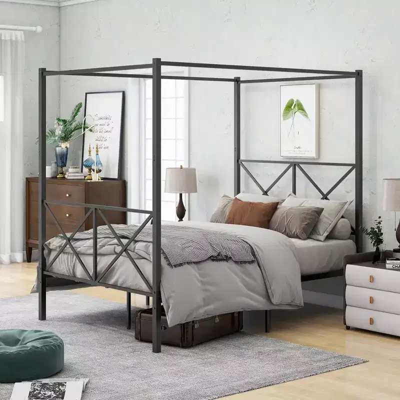 Queen/Full Size Metal Canopy Bed Frame, Platform Bed Frame with X Shaped Headboard and Slat Support, Black -ModernLuxe