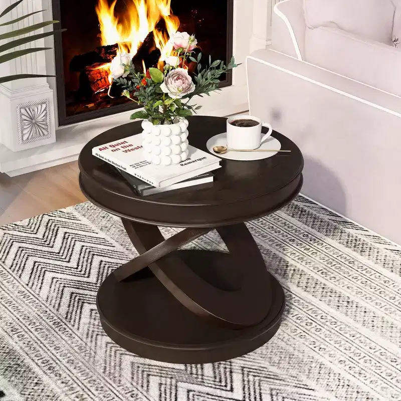 Espresso Brown Round End Table with X-Shape Frame, 1-Piece