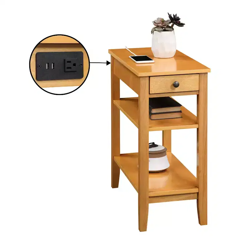 HomeStock Belmont Chairside End Table with One Drawer, USB Ports, Plug Outlet and Shelves, Functional Storage Side Table with Charging Station