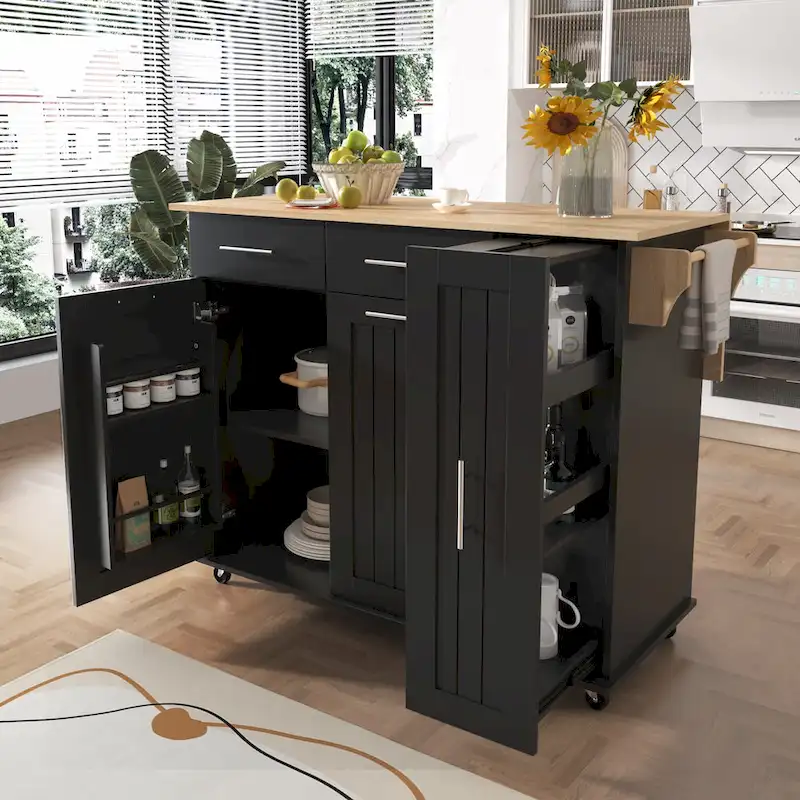 Rolling Kitchen Island Cart, Kitchen Island with 3 Tier Pull Out Cabinet, Portable Trolley Island with Drop Leaf & 2 Drawers