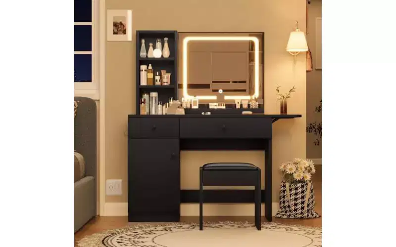 Makeup Vanity Desk with Mirror and Lights, Vanity Table Set with Drawer & Power Outlet & Chair & 3 Shelves, Bedroom