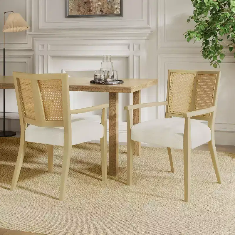 2Pcs Modern Upholstered Fabric Armchairs Dining Chairs Rattan Back Dining Room Chairs Accent Kitchen Chairs with Solid Wood Legs Natural