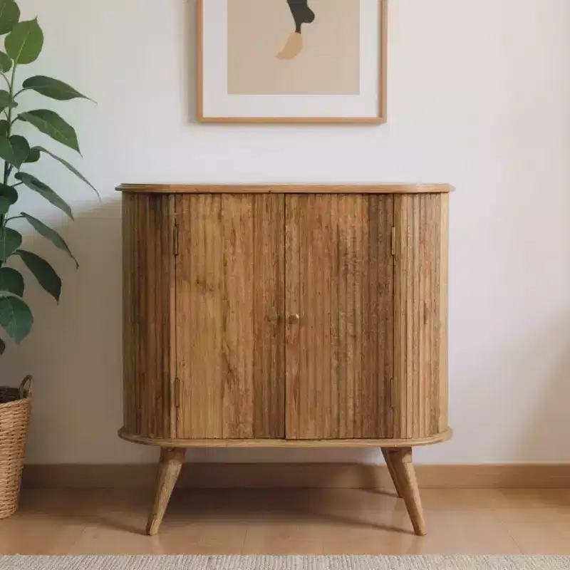 32 Brown Solid Wood Oval Ribbed Texture Cabinet With Two Doors