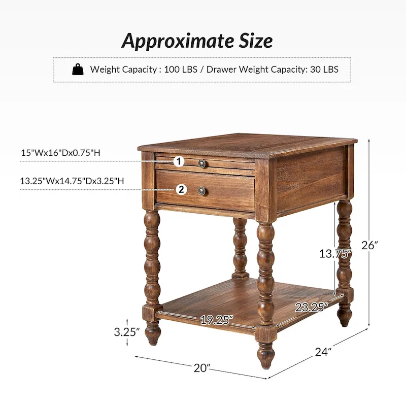 Eric Traditional 26 Tall Solid Wood End Table with USB Set of 2by HULALA HOME