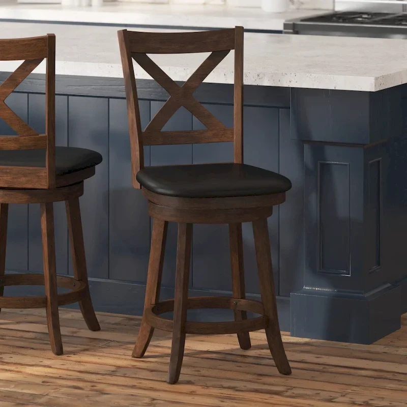 Modern Ladderback Wooden Upholstered Swivel Counter Height Stool