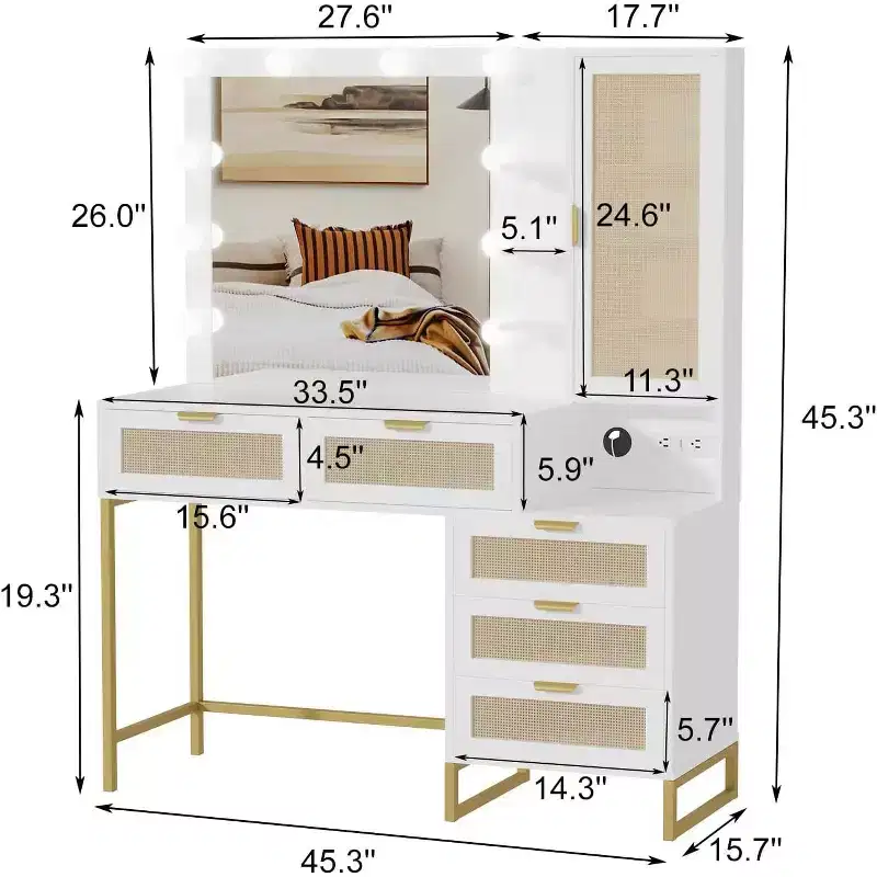 Vanity Desk with Mirror and Lights, Vanity Desk with Power Outlet, 5 Drawers Makeup Table