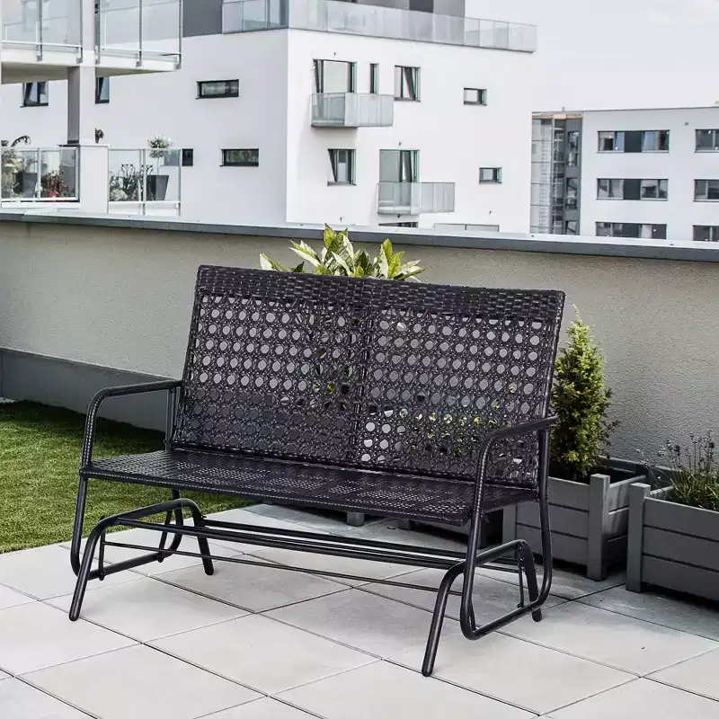 Outsunny Patio 2-Person Wicker Glider Bench Rocking Chair, Outdoor All-Hand Woven PE Rattan Loveseat for Patio, Garden, Porch, Lawn, Black