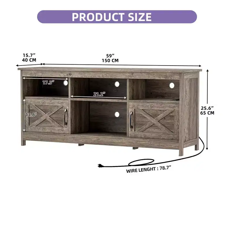 Farmhouse TV Stand for 65 Inch TVs, LED Entertainment Center with Cabinets, Power Outlet, Media Console for Living Room,Washed Grey