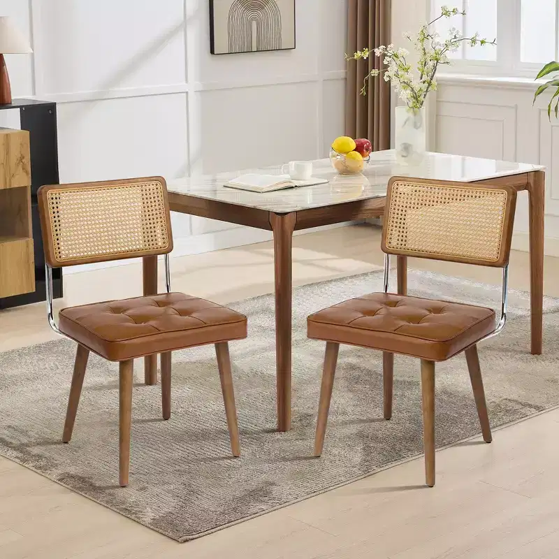 Natural Rattan Dining Chairs Set of 2, Linen Upholstered Kitchen Chairs with Tall Cane Backrest for Dining Room, Kitchen, Restaurant, Beige