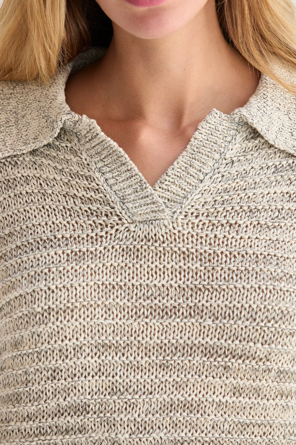 Marled Polo Collar V-Neck Knit Sweater Long Sleeve Relaxed Fit