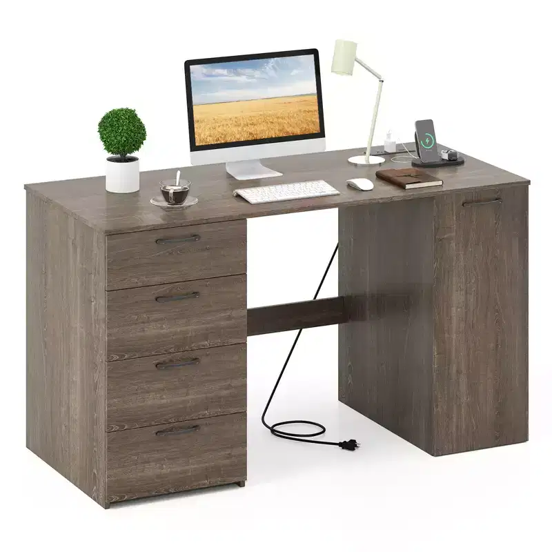 Computer Desk with Power Outlets Large Executive Desk with 4 Storage Drawers Gray/White