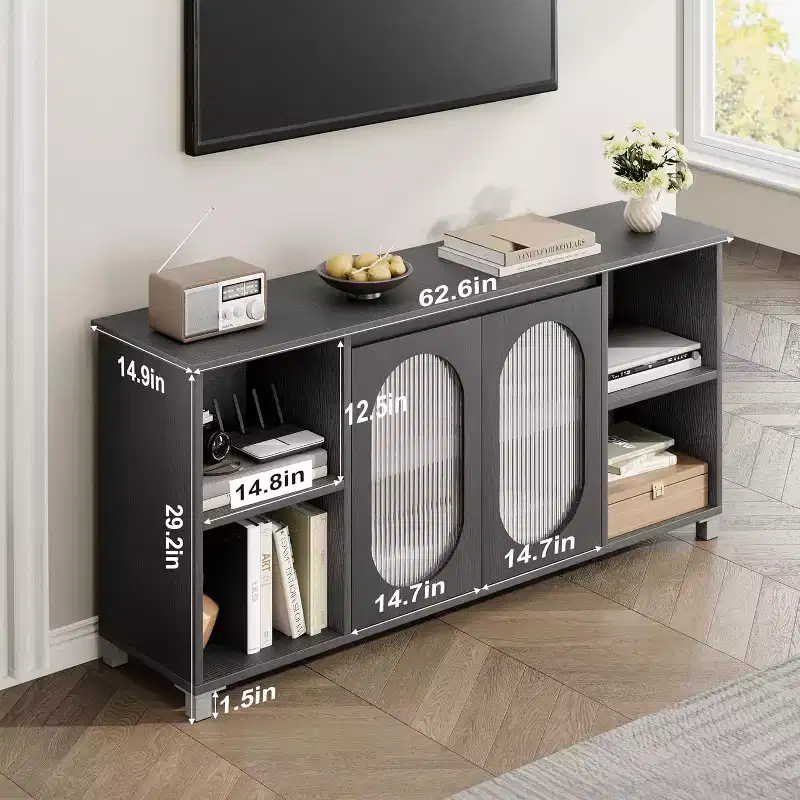71 Rustic TV Stand, Modern Entertainment Center with Corrugated Glass Cabinet Doors, Open TV Cabinet, Media Console, for Living Room, Bedroom