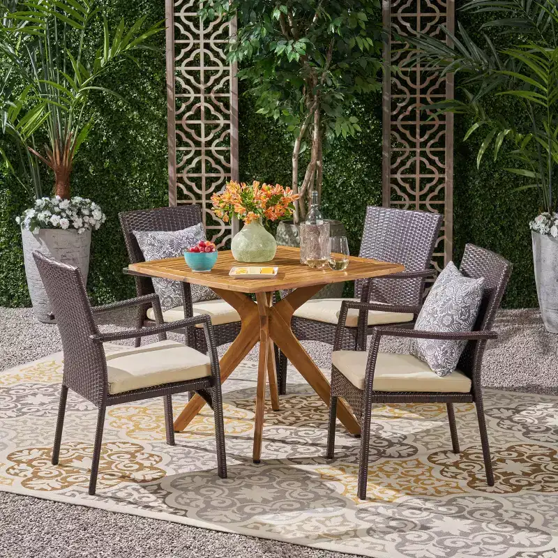 Christopher Knight Home Didicas Outdoor Acacia Wood and Wicker 5 Piece Dining Set with Cushion, Teak/Multibrown